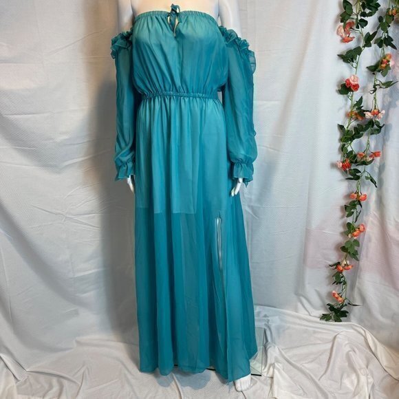 Cupshe Sexy Bohemian Off shoulder Beach Style ruffles split Turquoise Dress Sz L - Picture 4 of 11
